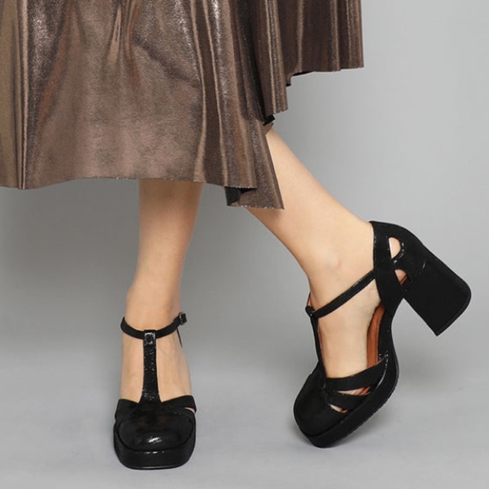 New Esska x Anthropologie Chaza 7 Black Leather T-Strap Platform Mary Janes